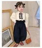 Kläder sätter barn 2023 Spring Autumn Girls Retro Bubble Sleeve Shirt and Pants Sweet Casual Simpleelegant Two Pieces Set
