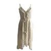 Freizeitkleider Damen Kleid mit Spitzensaum, tiefem V-Ausschnitt, ärmellos, Strandmode, Sommerrock, Beige/Weiß