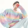 Men's TShirts Gradient Tie Dye Round Neck Loose Sweater Knit Autumn Rainbow Striped Casual Long Sleeve 230223