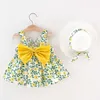 Abiti da ragazza New Summer Neonata Vestiti da ragazza Set Cartoon Cute Print Cotone senza maniche Fiori Abiti da spiaggia Sunhat Kids Princess Dress Z0223