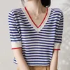 Women's Blouses Short-sleeved Shirt With Blue And White Stripes For Women's Summer V-neck Color Matching Fashion Clothing Femme Tops