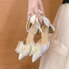 Dress Shoes White Beaded Bow Shoes for Women Sandals 5cm Summer Fairy Wind Pointed Pink High-heeled Tie Chunky Heel Wedding Shoes 230223