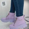 Buty 2023 Zimowa kostka Purple Platforma Chelsea Buty swobodne koronki ciepłe punkowe nity przytulne botas damski 230223