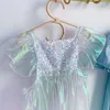 Flickans klänningar barnkläder för flickor prinsessan klänning mesh paljett kort hylsa sjöjungfru brud boll klänning sommar knälängd klänning bröllop fest z0223