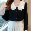 Women's Blouses Shirts H Han Queen Simple Autumn Elegant Single-Breasted Blouses Womens Korean Loose Casual Vintage Shirts OL Office Wear Work Tops 230223
