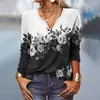 Kadın Tişörtleri Kadınlar Uzun Kollu Baskılı Etnik Stil Moda Top T-Shirt İlkbahar ve Sonbahar 3D Baskı Gündelik V-Neck Bayan Tees