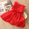 Meisjesjurken Zomer 3 4 5 6 7 8 9 10 12 Jaar Kinderen Knop Dot Riem Mouwloos Rood Katoenen Voering Chiffon Jurk Voor Kinderen Baby Meisje