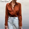 Women's Blouses Shirts Satin Elegant Women Shirt Green Button Up Lapel Loose Office Ladies Shirts Top Spring Summer Long Sleeve Blouse Tops 230223