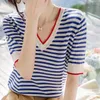 Women's Blouses Short-sleeved Shirt With Blue And White Stripes For Women's Summer V-neck Color Matching Fashion Clothing Femme Tops