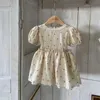 Vestidos da menina crianças verão casual gola de renda retro floral puff mangas vestido bebê menina simples respirável macio algodão vestidos de linho