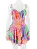 Casual Dresses Karlofea Summer Female A Line Ruffles Mini Dress Going Out Rave Outfits Lovely Daily Robe Vintage Satin Print Vacation 230223