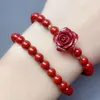 Charm Bracelets Women's Elegant Cinnabar Beads Bracelet Vintage Graceful Rose Flower Bangle Lady High-End Hand Accessories Red Jewelry