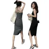 Women's skirt mid-length suspender dress slit temperament to show thin inner matching skirt