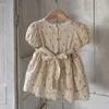 Vestidos da menina crianças verão casual gola de renda retro floral puff mangas vestido bebê menina simples respirável macio algodão vestidos de linho