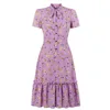 Casual Kleider Vintage Midi Party Kleid Elegante Blumendruck Fliege Hals Knopfleiste Frauen Kurze Ärmel Büro Dame OL Vestidos