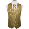 Mens Vests 4pc Silk Party Wedding Gold Paisley Solid Floral Waistcoat Pocket Square Suit Set Barrywang BM 230222