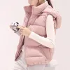 Gilets pour femmes Veste sans manches chic Fermeture à glissière Patte de coupe 3D Pardessus Femmes Hiver Solide Chapeau Amovible Chaud Coton Rembourré Gilet