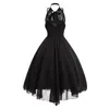 Casual Dresses Gothic Bow Party Dress Women Vintage Black Sleeveless Cross Back Halter Lace Panel Corset Swing Robe Vestidos Femme 2023