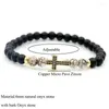 Strand 2pcs/مجموعة محظوظة Clear Onyx Stone Charm Bracelet Men Copper Micro CZ Crosses Bracelets للأزواج