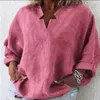 Women's Blouses Fashion Women's Blouse Cotton Linen Spring Casual V-neck Pullover Pure Color Mid-length Plus Size Long-sleeved Donsignet