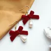 Boucles d'oreilles vin rouge arc flanelle crochet boucle d'oreille pour femmes tempérament Imitation perle filles année Festival bijoux mode cadeau