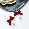 Boucles d'oreilles vin rouge arc flanelle crochet boucle d'oreille pour femmes tempérament Imitation perle filles année Festival bijoux mode cadeau