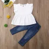 Ensembles de vêtements pour bébés filles, 2 pièces, joli et décontracté, manches à volants, T-Shirts blancs, hauts et pantalons en Denim perlé, 2-7 ans