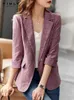 Kadınlar Suits Blazers Vimly Ofis İş Takımı Blazers Ceket Kadınlar Bahar Sonbahar Zarif Mor 3/4 Kollu Boyun İnce Kısa Dış Giyim V5188 230223