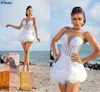 Little White Ball Gown Abiti da sposa per le donne Pellicce di lusso Perline Sheer Neck Summer Beach Abiti da sposa corti Mini Reception Dance Bride Engagement Dress CL1901