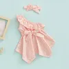 Ensembles de vêtements Toddle Girls' Dress Lovely Suits Summer Casual Dots Imprimé Épaules inclinées Volants Ourlet irrégulier avec ceinture Bandeau