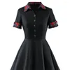 Casual Dresses Vintage Pinup Swing Women Dress Slå ner krage Plaid tryckt England Style Elegant Office Party Flare A-Line Hepburn