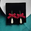 Boucles d'oreilles vin rouge arc flanelle crochet boucle d'oreille pour femmes tempérament Imitation perle filles année Festival bijoux mode cadeau