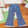 Ensembles de vêtements enfants à la mode printemps fille mignon faux deux pièces hauts Denim Flare pantalon décontracté doux ensemble enfants vêtements