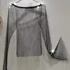 Women's Blouses Shirts Mesh Long Sleeve Sheer Glitter Encrusted Diamond Vest Shawl Nightclub Party Top 230223