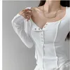 Kadınlar bluz gömlekleri uzun kollu tshirts düşük yakalı button tasarım ince vücut geliştirme sıska seksiladies cadde kore moda kısa bluz 230223