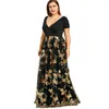 Casual Dresses Women Plus Size 5xl Floral Sparkly Maxi Prom Sequined Dress Sexig Deep V Neck Kort ärm Elegant Party Vestidos Femme