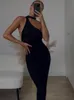 Casual Dresses Black Maxi Beach Isa Summer Fashion Halter Knit Slim For Women Sexig Se genom Club Party Outfits Backless 230223