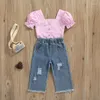 衣料品セット1-6年女の子2PCSパンツセットショートスリーブストライプトリッピングTシャツリッピングロングデニムサマーサマー居心地