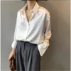 Blouzen voor dames shirts zijden Koreaanse kantoor dames elegante blouse dames mode knop omhoog satijn vintage witte witte lange mouwen tops 113555 230223