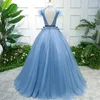 Casual Dresses Quinceanera Dress Bow Neck Long Evening Tulle Blue Pleat Sleeveless Mesh Sweet Fairy Party Gowns For Women