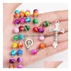 Collane con ciondolo Nuovo Rosario religioso cattolico arcobaleno Lungo Gesù Croce 8Mm Catene di perline per donna Uomo S Moda gioielli cristiani D Dhgzr