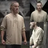 Camisetas masculinas de mola/outono Men Camisa de cor sólida Antiga bordando Viking Padrão Lace-up Top de manga longa de decote em V para roupas PLUSS TIME