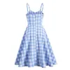 Sukienki swobodne Kobiety imprezę seksowną letnią sukienkę Niebieską kratę nadrukowane paski spaghetti Sundress A linia swing rockabilly retro vintage femme