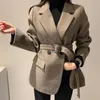 Women's Suits & Blazers Korean Jacket Female Chic Autumn French Suit Collar Two Slim Long Sleeved Cardigan Wool With Belt