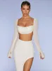 Abito a due pezzi Ailigou Autunno Donna Bianco 2 Sexy Perline Manica lunga Corto Top aderente Club Celebrity Party Set 230222