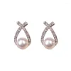 Boucles d'oreilles pendantes en plaqué or véritable 14 carats, petites perles croisées coréennes exquises, accessoires inhabituels pour filles, bijoux de luxe pour dames