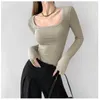 Women's Blouses Shirts 2023 Spring Advanced Sense Lowcut Square Collar Tight Bottom Selfcultivation Long Sleeve Grey Short 230223