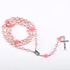 Pendant Necklaces Pink Rose Crystal Rosary Necklace Catholic Vintage Cross Long Religious Jewelry 2023