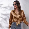 Femmes Satin Blouse Tops Casual Col Rabattu Faux Soie À Manches Longues Ruban Noeud Papillon Lâche Blouse Chemise 2302231