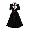 Casual Dresses Vintage Women Party Dress Bow Neck Button Front Shirt Black Sundress Short Sleeve A-Line Big Swing Summer Jurken Femme